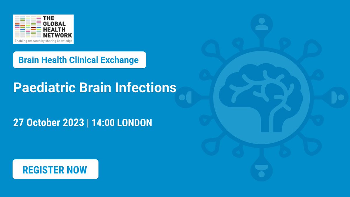 GlobalBrainHealth (@globalbrainhea1) on Twitter photo Interested in finding out more about brain infections and how they effect children? Join Dr Stephen Ray, Prof Ronald Van Toorn & <a href="/tinsaetigist/">Tinsae ትንሳኤ MD 🇪🇹</a> for our next #ClinicalExchange
📅27 October 2023, 2pm (UK time)
👉🏽tinyurl.com/3dwsjpaj
<a href="/BenedictNeuro/">Professor Benedict D Michael MBChB, FRCP, PhD</a> <a href="/info_TGHN/">The Global Health Network</a> <a href="/RCPCHtweets/">RCPCH</a> Interested in finding out more about brain infections and how they effect children? Join Dr Stephen Ray, Prof Ronald Van Toorn & <a href="/tinsaetigist/">Tinsae ትንሳኤ MD 🇪🇹</a> for our next #ClinicalExchange
📅27 October 2023, 2pm (UK time)
👉🏽tinyurl.com/3dwsjpaj
<a href="/BenedictNeuro/">Professor Benedict D Michael MBChB, FRCP, PhD</a> <a href="/info_TGHN/">The Global Health Network</a> <a href="/RCPCHtweets/">RCPCH</a>