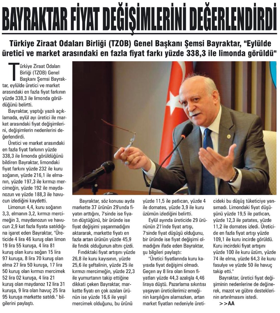 semsibayraktar's tweet photo. Eylül ayında üretici ile market arasındaki fiyat değişimlerini, bu değişimlerin nedenlerini, aylık ve yıllık girdi fiyatlarındaki değişimleri değerlendirdiğim basın açıklaması gazetelerde geniş yer buldu. https://t.co/A6qrr9oURz