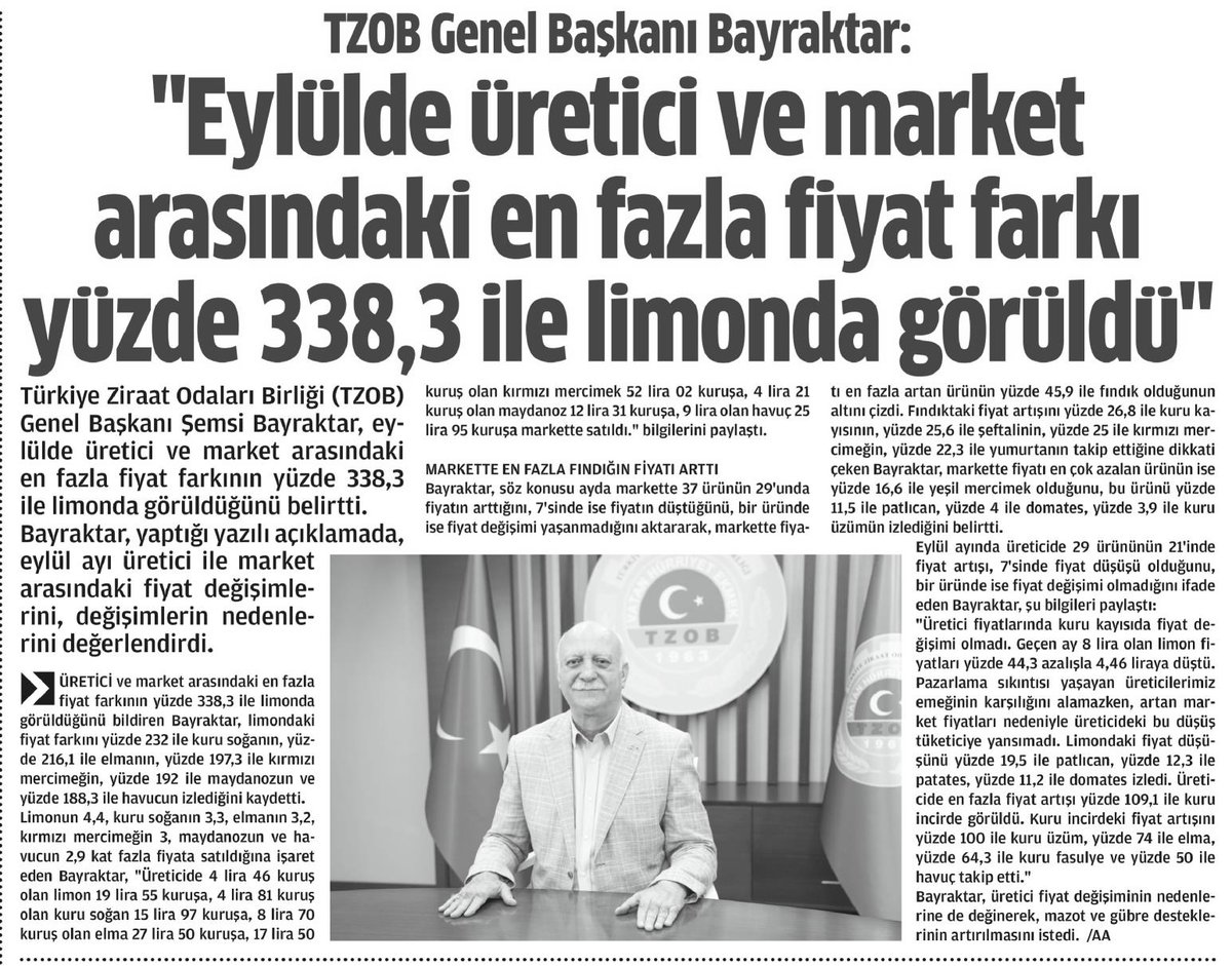 semsibayraktar's tweet photo. Eylül ayında üretici ile market arasındaki fiyat değişimlerini, bu değişimlerin nedenlerini, aylık ve yıllık girdi fiyatlarındaki değişimleri değerlendirdiğim basın açıklaması gazetelerde geniş yer buldu. https://t.co/A6qrr9oURz