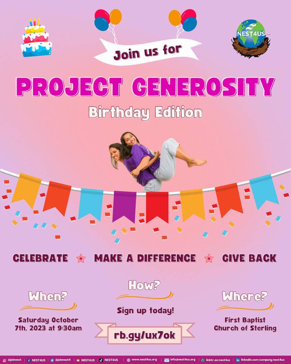 joinnest4's tweet photo. Every year, we look forward to celebrating our foundersโ #birthdays thru #service! #Joinus for Project #Generosity-#Birthday Edition to #giveback & #celebrate our #bdays! #NEST4US #Kindness #Youth #Volunteer https://t.co/TnRs0vUSVw https://t.co/T6LC4Msb0g https://t.co/KSTTQyPThX https://t.co/DmMnk97dBJ