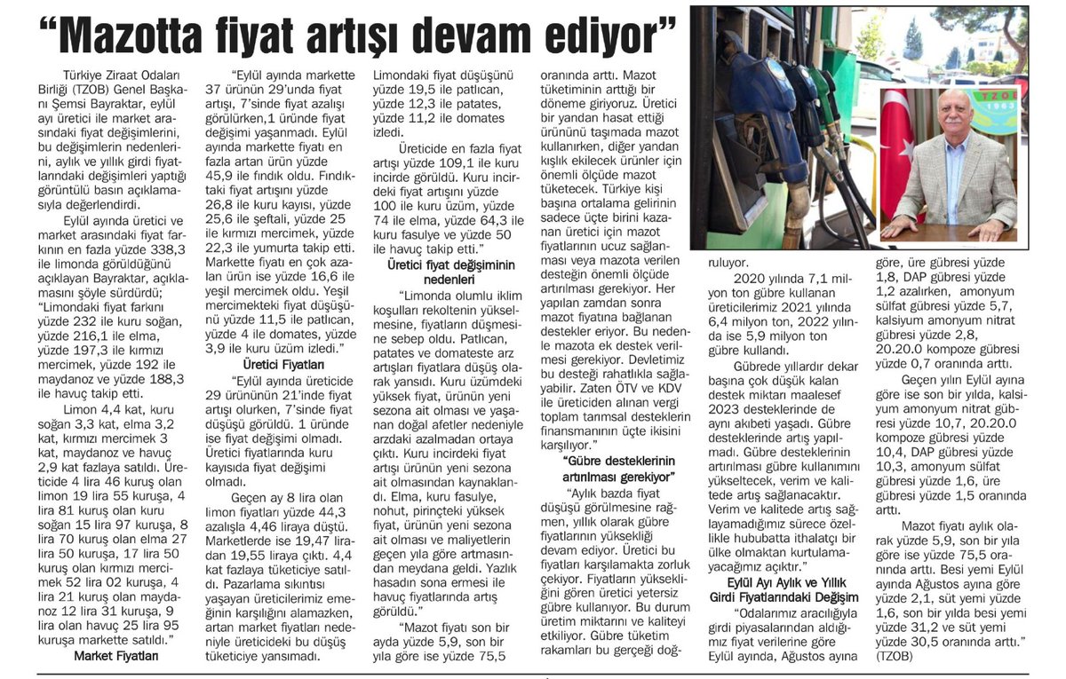 semsibayraktar's tweet photo. Eylül ayında üretici ile market arasındaki fiyat değişimlerini, bu değişimlerin nedenlerini, aylık ve yıllık girdi fiyatlarındaki değişimleri değerlendirdiğim basın açıklaması gazetelerde geniş yer buldu. https://t.co/A6qrr9oURz