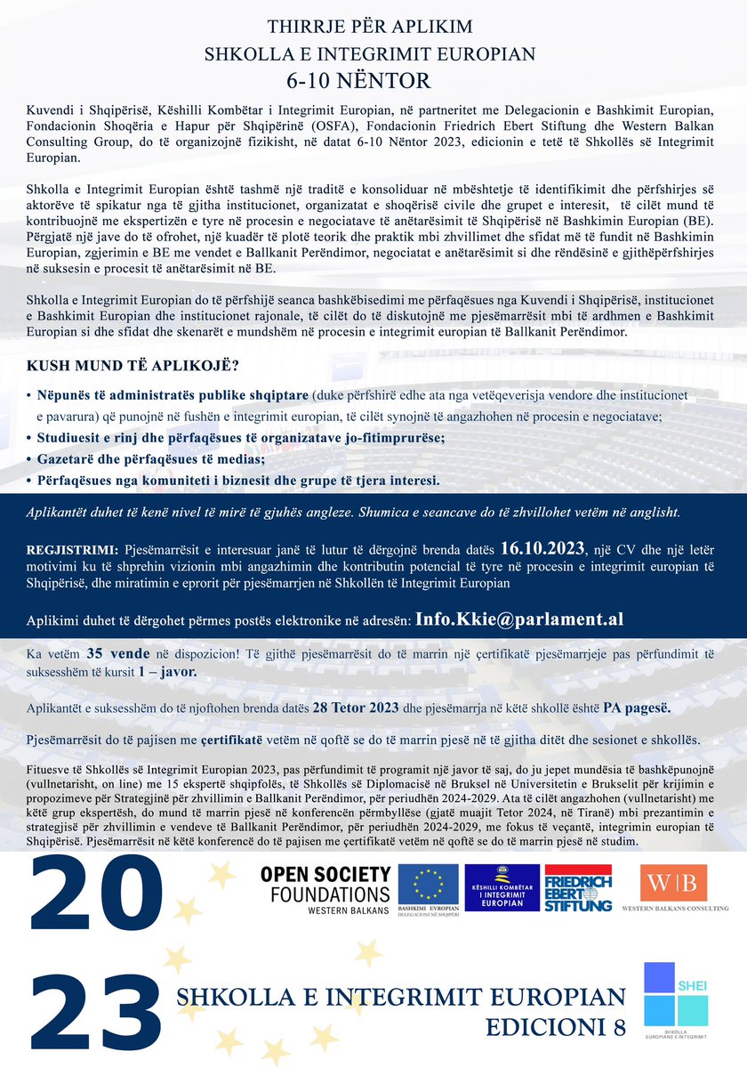 EUinAlbania's tweet photo. Albania's journey towards EU🇪🇺integration requires the engagement of the entire🇦🇱society. Enhance your knowledge through exchanges with top policy makers by being part of the #EuropeanIntegrationSchool. Send your CV & a motivation letter at info.kkie@parlament.al by October 16th. https://t.co/EIalAHRcCS