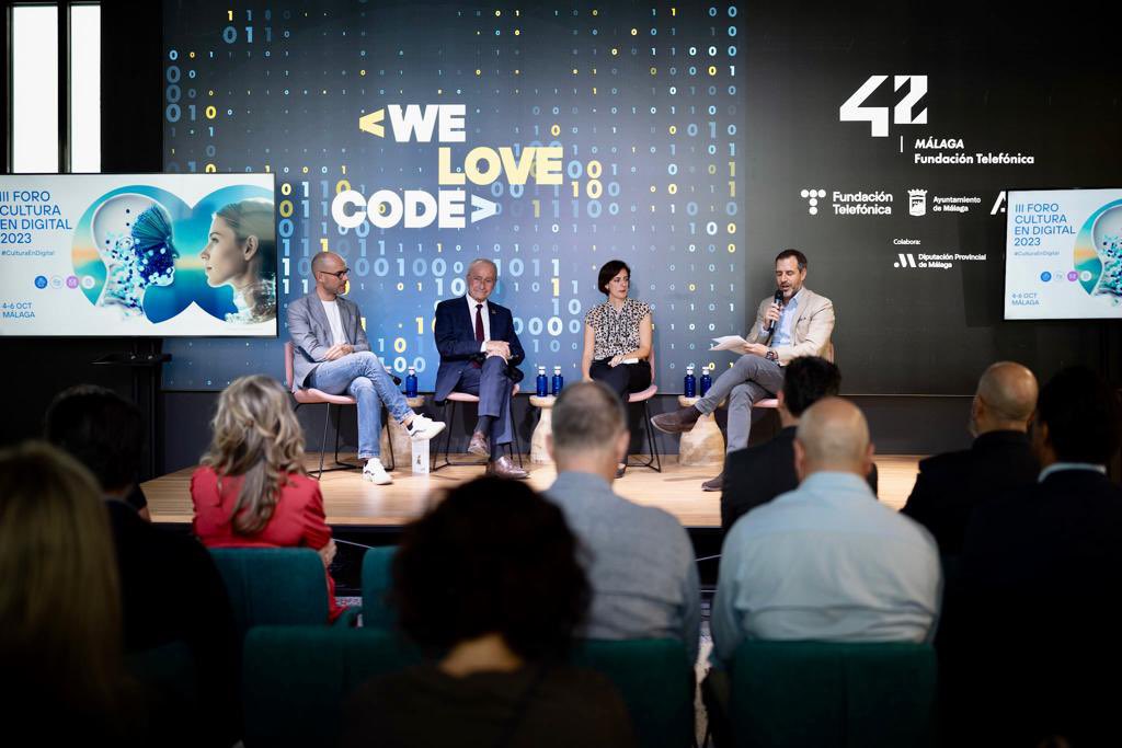 malaga's tweet photo. El alcalde, @pacodelatorrep, junto al responsable de @fundaciontef, Pablo Gonzalo; el director de @latermicamalaga, @ajavierlopez, y la vicerrectora de @infouma, Alicia Triviño, ha participado en la inauguración del III Foro Nacional #CulturaenDigital de @42malaga_ft https://t.co/3dNV3DiVoa