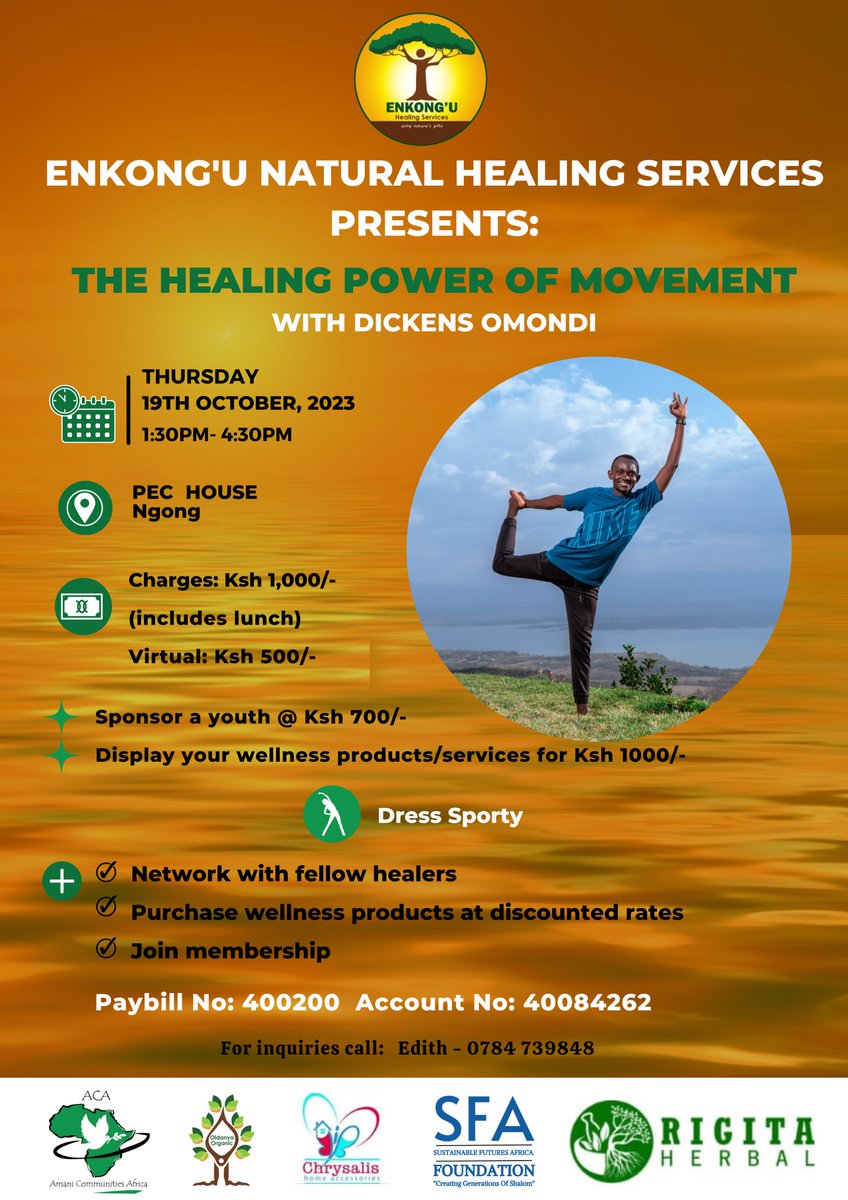 Join us for a journey to the healing power of movement! 

Enkong'u Natural Healing Services, along with us, invites you to explore the amazing benefits of movement on Thursday, October 19th, 2023.

#enkongu #healingpower #exercises #journeytowellness #HealthyLiving #savethedate