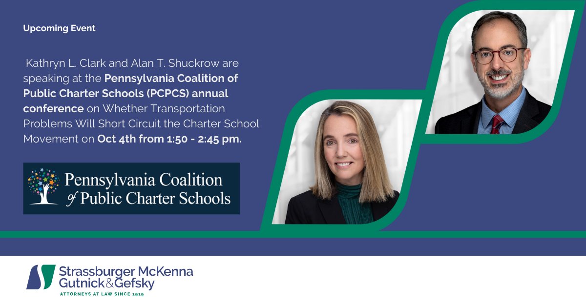 SMGG_Law's tweet image. Don&apos;t forget Kathryn L. Clark and Alan T. Shuckrow will speak at the annual Pennsylvania Coalition of Public Charter Schools (PCPCS) conference on &quot;The Reality of Transportation&quot; at 1:55 p.m.

Join now: hubs.ly/Q024bv_R0.

#PCPCS #CharterSchools #Education