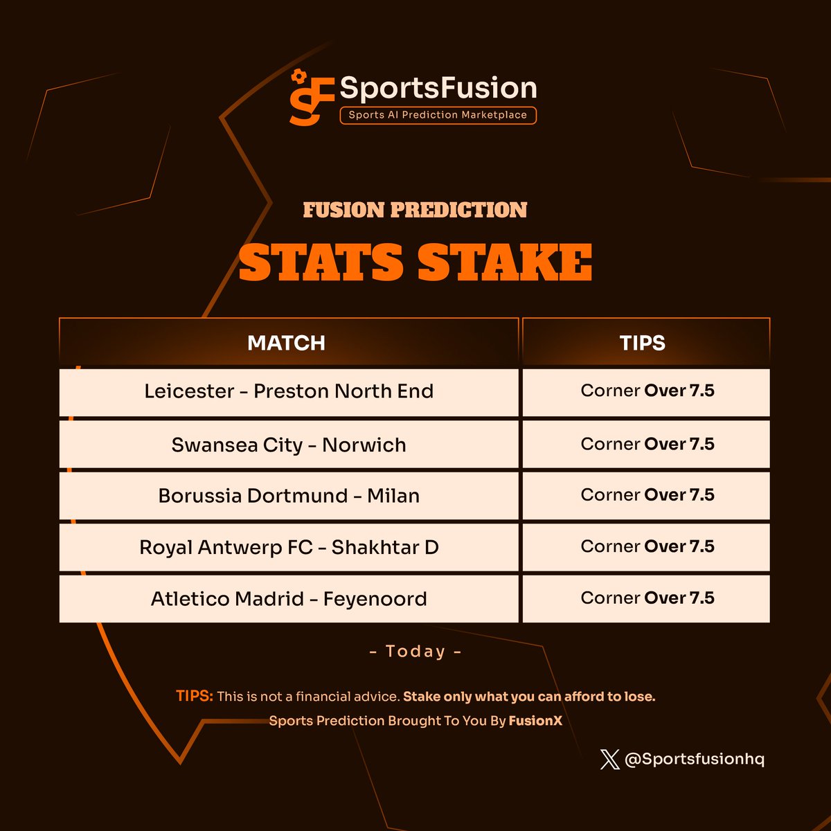 Here we go 🔥 😊 

Today's recommended stake 

#Fusion prediction ⚽️⚽️

3 Odd (Corner)💥💥

Sportybet Code ➡️  5113B0

Why don't you have a Sportybet Account ❓️

Register here now❗️
bit.ly/3reSkRh

Goodluck🔥

OlaofLagos | ManUtd | #NapoliRealMadrid #ChampionsLeague…
