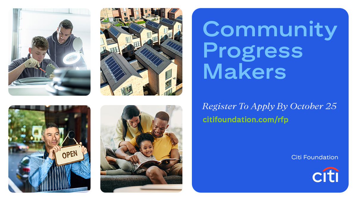Citi's tweet photo. The Citi Foundation is doubling down on its Community #ProgressMakers initiative by providing #nonprofits with unrestricted, trust-based funding – to the tune of a collective $50 million to 50 organizations.  
 
Interested? Register to apply by 10/25: https://t.co/a3m7ccIqBq https://t.co/qYLnCiRI6i