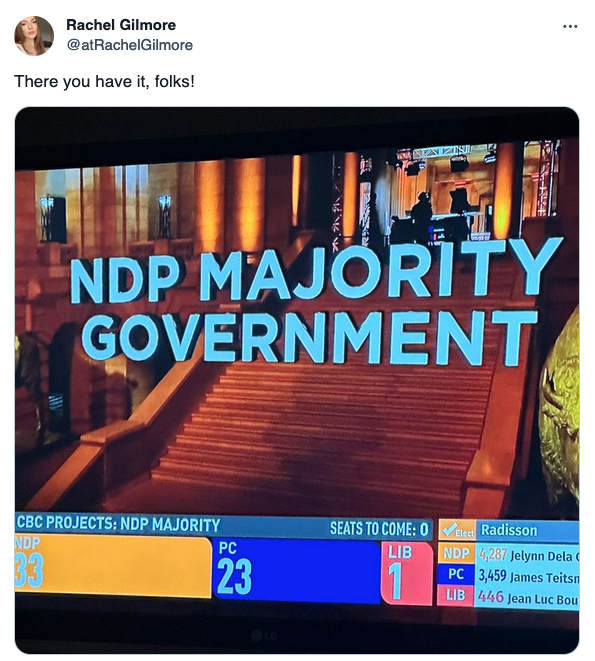 RGBAtlantica's tweet photo. Good Morning Twitter Canada! A glorious morning for a NDP Majority Government in #ManitobaElection New Premier @WabKinew @atRachelGilmore @NDP https://t.co/xdjAHcxBQC