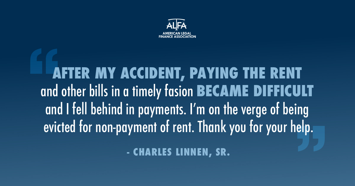 ALFA_Law's tweet image. After his accident, paying the rent and other bills in a timely fashion became difficult for Charles and he fell behind on payments. #Legalfinancing helped Charles pay his rent and not be evicted. Read more about how legal financing has helped others: bit.ly/2G29tn7