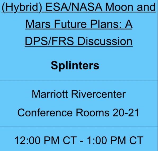 AliBramson's tweet photo. Hey #DPSEPSC2023!! Interested in science policy or future exploration plans? Like free lunch??!

Come to our noon splinter meeting TOMORROW (Thursday)!

ESA/NASA Moon and Mars Future Plans: A Discussion hosted by the DPS Federal Relations Subcommittee!

Conference Rooms 20-21 https://t.co/AOJje4BOGU