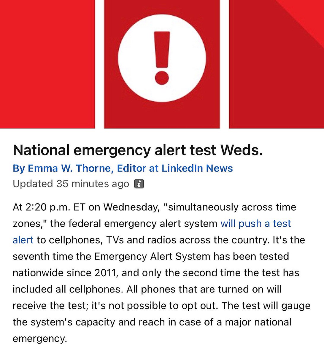 FYI - full details - #FCC #EmergencyAlert test today (across the United States): cbsnews.com/news/emergency… #WednesdayThought