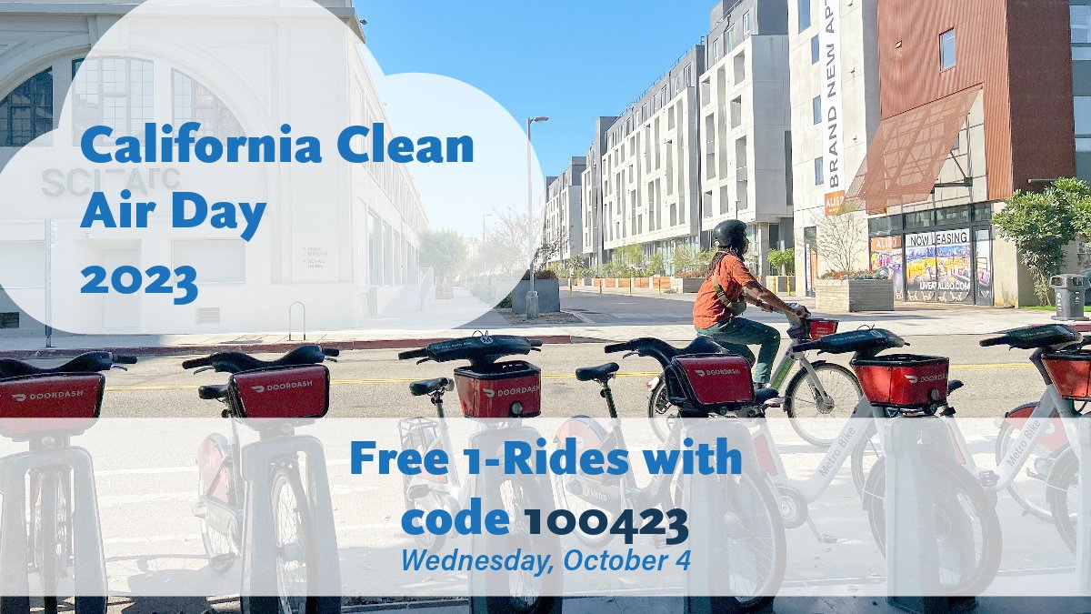 Ride a Metro Bike for free today for California Clean Air Day! Use code 100423 at the kiosk, in the app or online to redeem your free 30 min ride. Code can be used multiple times. Metro bus and rail also free!