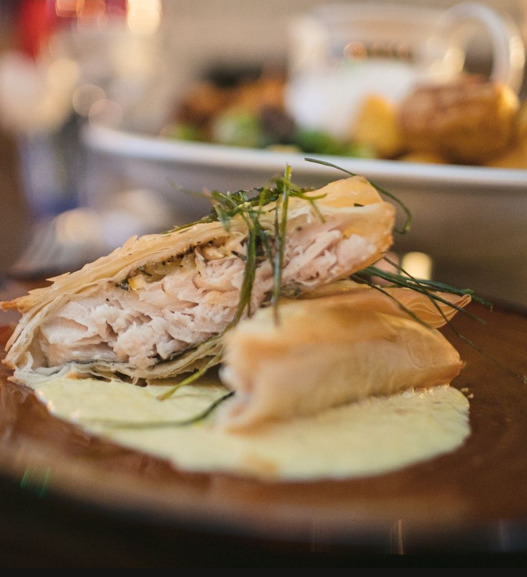 For the fish lovers a Lemon &amp; Thyme roasted Hake Parcel

thesomerstowncoffeehouse.co.uk/christmas

#euston #kingscross #christmas2023 #christmasmenu #christmasparty #officechristmasparty