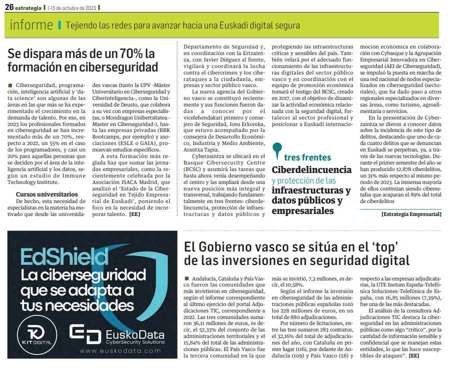 EuskoData_SA's tweet photo. 📰 Gracias a la revista @Estrategianet, hablamos de nuestros planes de #ciberseguridad en @EuskoData_SA
🔐 Planes EdShield: la protección completa de tu empresa y todos sus datos
+INFO 👉 https://t.co/ZN7LWOwS9U
#CybersecurityEuskoData https://t.co/hFq8TzI8ug