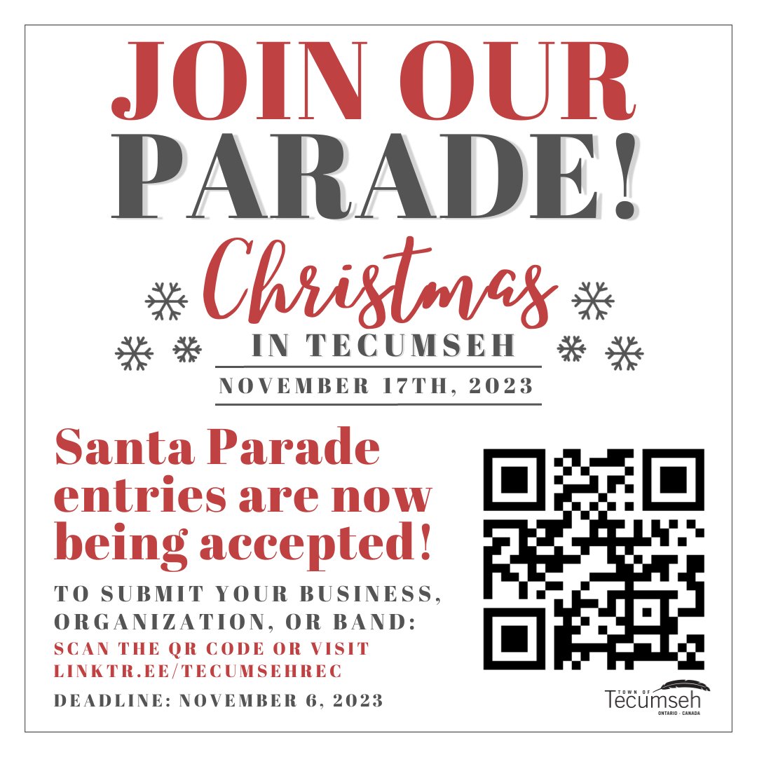Calling all businesses, organizations, and bands! 📢

We want you to join our Santa Parade on Friday, November 17th! 

This is a great advertising opportunity! If you are interested in participating, access the application form via the link in our bio (linktr.ee/tecumsehrec).