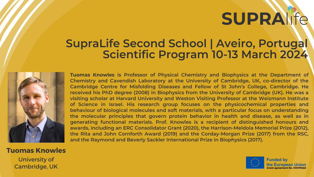 SupraLife (@supralife_eu) on Twitter photo 🗣️ Tuomas Knowles, Professor & Head of the <a href="/KnowlesLabCamb/">KnowlesLab Cambridge</a> at <a href="/Cambridge_Uni/">Cambridge University</a> 🇬🇧, is a plenary speaker @#SupraLife #SecondSchool!🤩
Tuomas will elucidate the molecular mechanisms & dynamics of protein aggregation to generate biofunctionality & understand neurological disorders! 🗣️ Tuomas Knowles, Professor & Head of the <a href="/KnowlesLabCamb/">KnowlesLab Cambridge</a> at <a href="/Cambridge_Uni/">Cambridge University</a> 🇬🇧, is a plenary speaker @#SupraLife #SecondSchool!🤩
Tuomas will elucidate the molecular mechanisms & dynamics of protein aggregation to generate biofunctionality & understand neurological disorders!