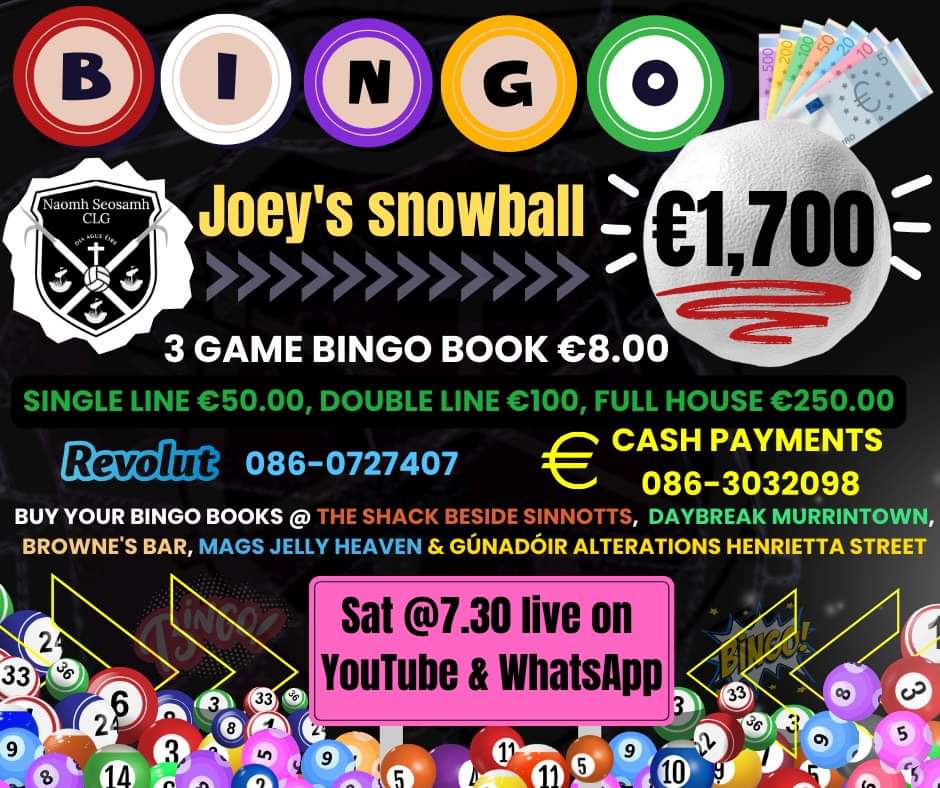St. Joseph's GAA Club Wexford (@stjosephswexgaa) on Twitter photo Our bingo is back this Saturday, play online from the comfort of your own home and be in with a chance to win our €1,700 snowball. You can now purchase your bingo books from <a href="/GunadoirA/">Gúnadóir Alterations</a> in #wexford town #bingo #stjosephs #GAA Our bingo is back this Saturday, play online from the comfort of your own home and be in with a chance to win our €1,700 snowball. You can now purchase your bingo books from <a href="/GunadoirA/">Gúnadóir Alterations</a> in #wexford town #bingo #stjosephs #GAA