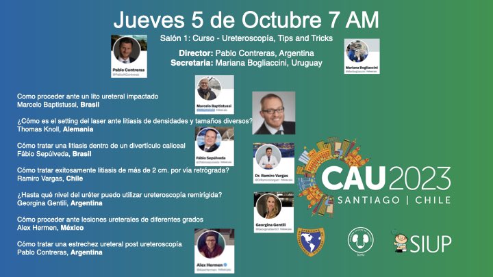 Pablo Contreras (@pabloncontreras) on Twitter photo Interesado en #Endourology 🤔
🗓️ Mañana 7 AM #CongresoCAU2023
Grandes maestros compartirán sus trucos y consejos sobre #ureteroscopy 🙌🙌🙌
<a href="/CAU_URO/">Confederación Americana de Urología (CAU)</a>
<a href="/ResidentesCAU/">Oficina Residentes CAU</a>
<a href="/SauUrologia/">Sociedad Argentina de Urología🇦🇷</a>
<a href="/Uroweb/">European Association of Urology (EAU)</a>
<a href="/Endo_Society/">Endourological Society</a>
<a href="/endouroacademy/">Endourology Academy</a>
<a href="/so_uro/">UroSoMe</a>
<a href="/AmerUrological/">Amer. Urol. Assn.</a>
<a href="/MBaptistussi/">Marcelo Baptistussi</a>
#ThomasKnoll Interesado en #Endourology 🤔
🗓️ Mañana 7 AM #CongresoCAU2023
Grandes maestros compartirán sus trucos y consejos sobre #ureteroscopy 🙌🙌🙌
<a href="/CAU_URO/">Confederación Americana de Urología (CAU)</a>
<a href="/ResidentesCAU/">Oficina Residentes CAU</a>
<a href="/SauUrologia/">Sociedad Argentina de Urología🇦🇷</a>
<a href="/Uroweb/">European Association of Urology (EAU)</a>
<a href="/Endo_Society/">Endourological Society</a>
<a href="/endouroacademy/">Endourology Academy</a>
<a href="/so_uro/">UroSoMe</a>
<a href="/AmerUrological/">Amer. Urol. Assn.</a>
<a href="/MBaptistussi/">Marcelo Baptistussi</a>
#ThomasKnoll