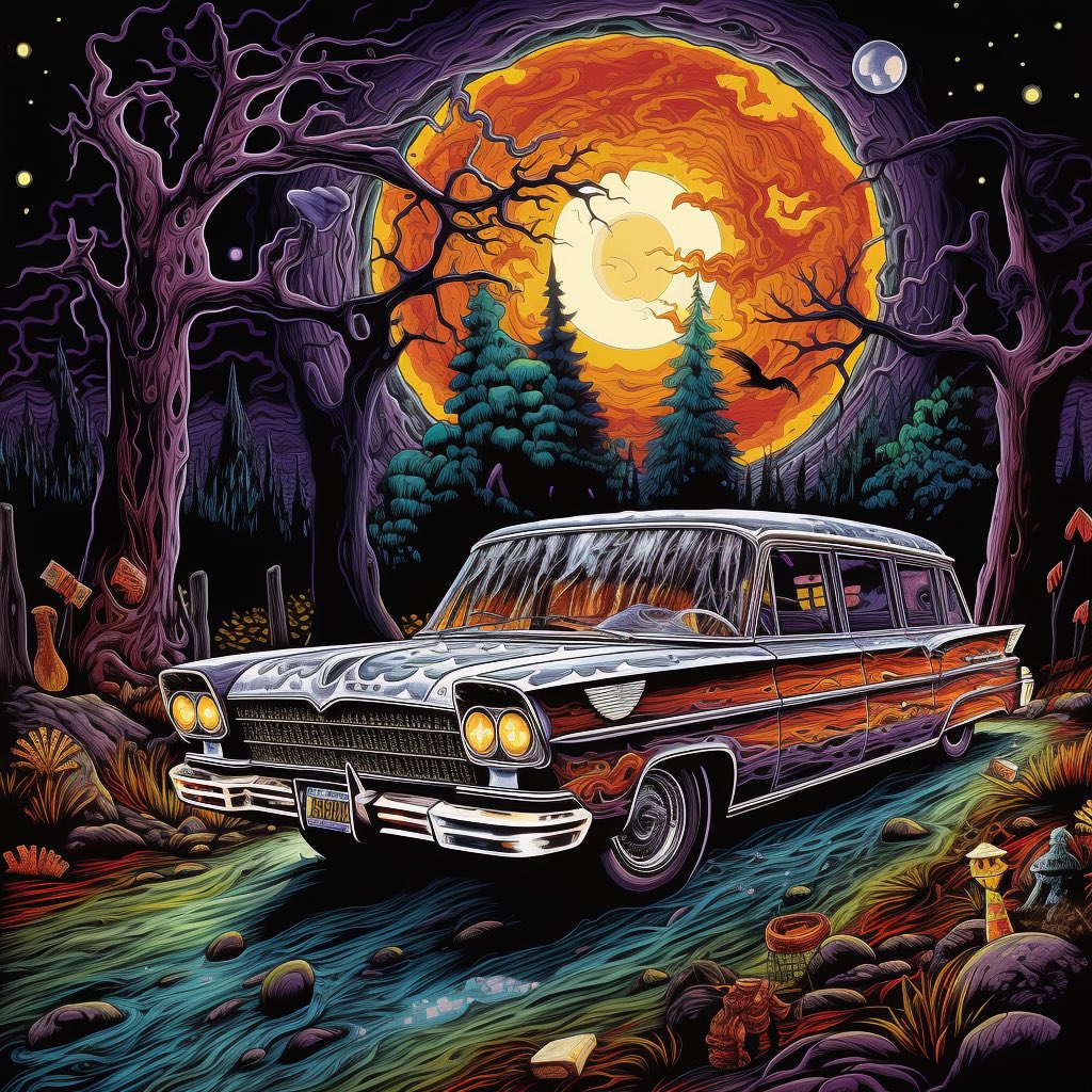 #digitalart #aiartcommunity #art #artist #artworld #midjourney #aiart #psychedelicart #trippyart #halloween #halloweenart #lowrider #americancar #kustomkulture #kustomart #wagonwednesday #longroof #wagonlifestyle