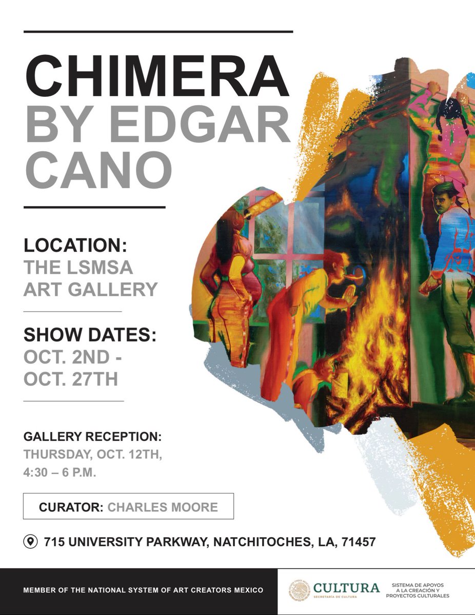 edgarcanostudio's tweet photo. This is how looks #chimera #artbyedgarcano #curatedby @csmoore23 at @lsmsa #natchitoches #Louisiana #stopby #artexhibition #mexicanart #ArtistOnTwitter #contemporaryart #museums #galleries #artcollectors #largeforma #snca @SistemaCreacion #artinusa #painting #figures #visualart https://t.co/RH9Uy38Khe