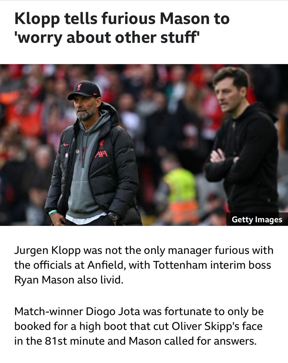 Daily_Hotspur's tweet photo. Just FIVE months ago, Klopp told Mason to "worry about other things" after Jota stayed on the pitch despite committing one of the most blatant red card offences.

Today, he is calling for a game to be RE-PLAYED because of one slight injustice! Take your own advice… https://t.co/GyYoF0LjZA