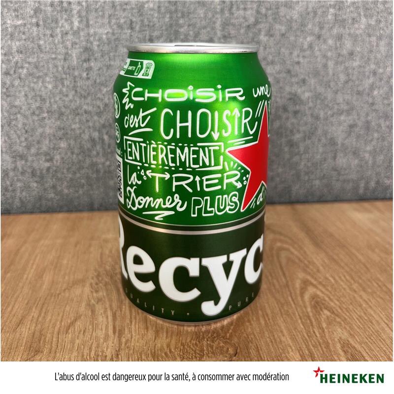 ⭐️ Pour les 150 ans de la marque Heineken®, nous faisons disparaître pour la première fois notre nom sur nos canettes pour laisser place à la mention “Recyclable”. 
L'objectif : faire passer un message simple mais essentiel, et encourager au geste de tri.