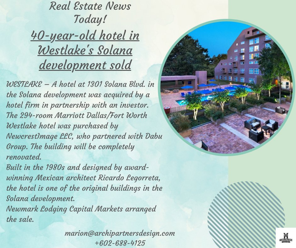 archipartners's tweet image. Exciting news! The iconic 40-year-old hotel in Westlake&apos;s Solana development has been sold. Stay tuned for updates!

You can message us about design, plans, 3D modeling, and permits.

marion@archipartnersdesign.com
P: (602) 688-4125

#Westlake #SolanaDevelopment #HotelSale