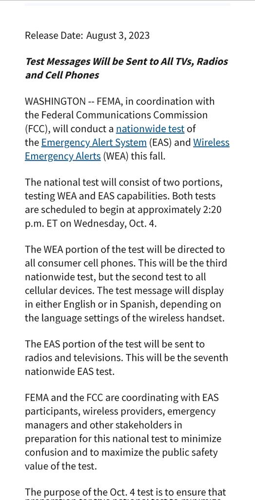 CoffindafferFBI's tweet photo. I received a very unique request. 

Apparently, FEMA is coordinating a nationwide test of the Emergency Alert System.

Why is this significant? Often individuals in #DomesticAbuse situations have secret phones they use to communicate due to the controlling abusive situations they are in.

Please spread the word if you are a domestic violence advocate, especially if you know someone in a domestic violence situation. 

That alert could compromise their only safe means of communication.

#DomesticViolenceAwareness