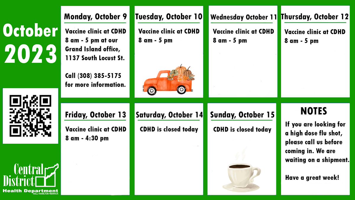 Here is our schedule for the upcoming week. New COVID boosters and flu shots are available and keeping our office busy. 

We look forward to serving you. Please call (308) 385-5175 for more information.
