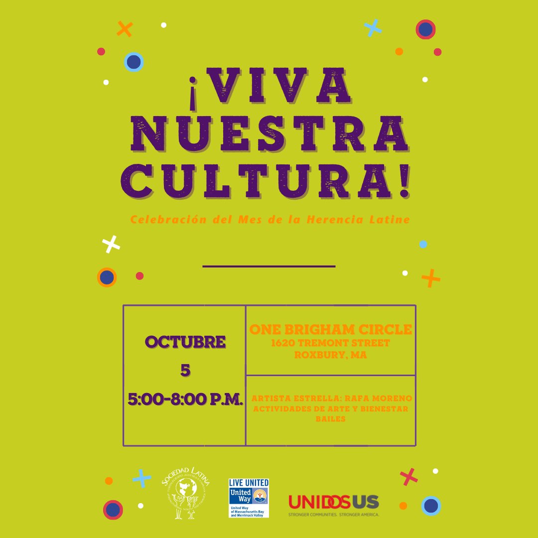 To celebrate Latine Heritage Month, join Sociedad Latina and musical guest Rafa Moreno at our ¡Viva Nuestra Cultura! event tomorrow Oct 5, 2023, 5:00 pm-8:00 pm!
 #StudioLuzArchitects #BostonChildrensHospital #NewEnglandBaptistHospital #WentworthInstituteofTechnology #RafaMoreno