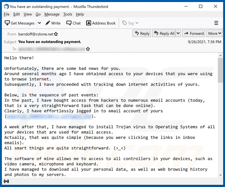 Cybersecurity Tip: If you get an email asking for money (bitcoin) to recover your data, please do NOT fall for this phishing scam.  Immediately delete the email from your inbox.