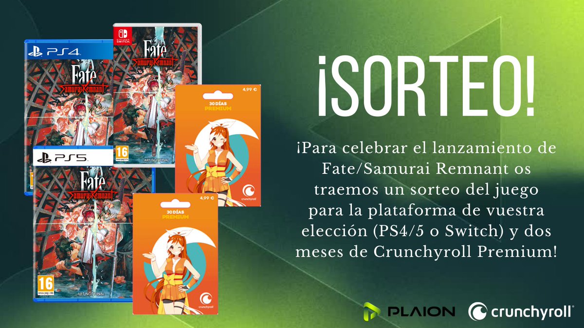 PLAION_ES's tweet image. ¡Para celebrar el lanzamiento de Fate/Samurai Remnant sorteamos una copia física con 2 meses de suscripción Premium a Crunchyroll! 🔥

Para participar...
⚔️ ¡Síguenos y a @crunchyroll_es !
⚔️ ¡Like + RT!  

*Solo 🇪🇸. Hasta 11/10/23. No válidas cuentas de concursos. 🐥 incluido.