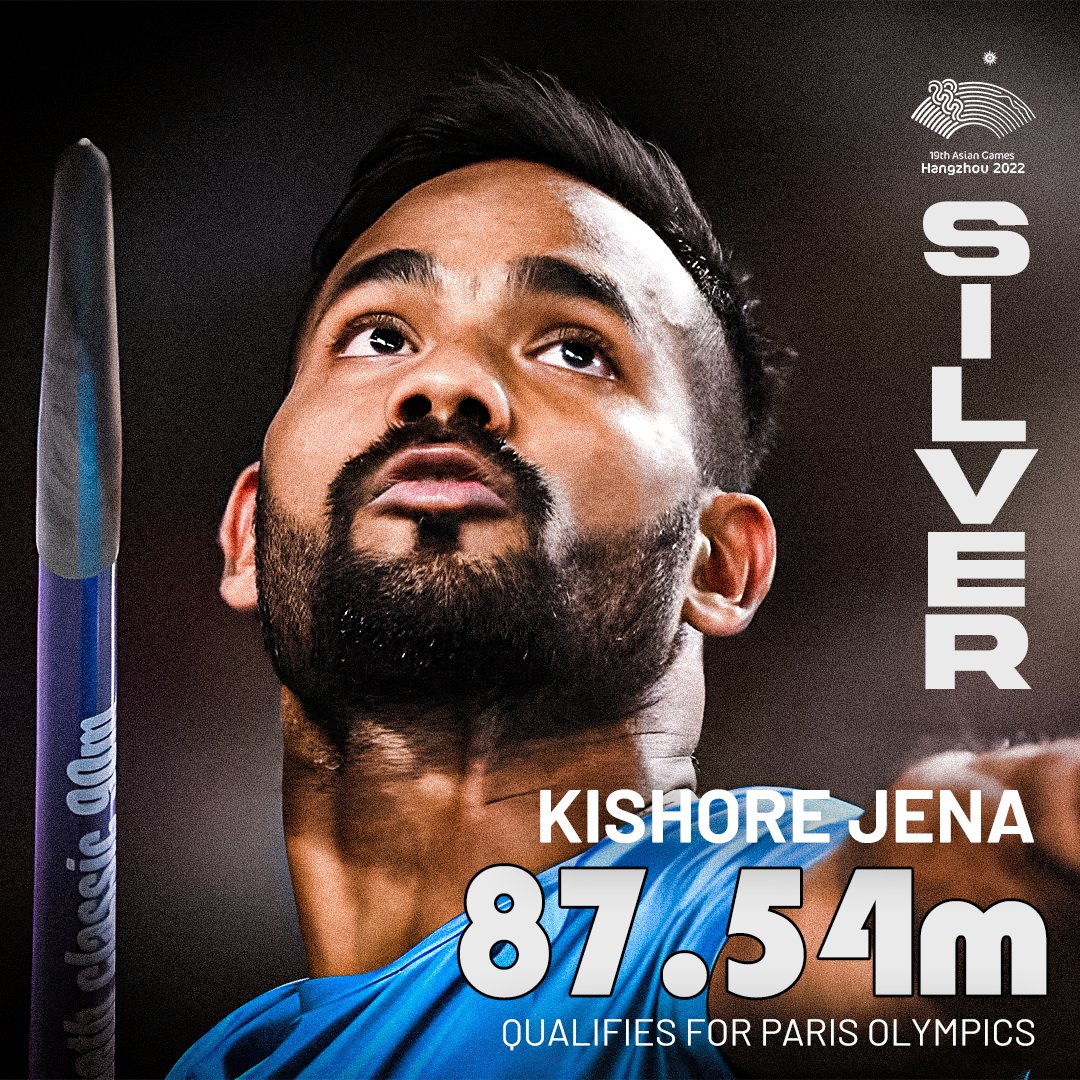 OdishaFC's tweet photo. 💜 PRIDE OF ODISHA 💜

A valiant effort from Kishore Jena to grab Silver 🥈 at the #AsianGames2022 in Men's Javelin with a Personal Best of 87.54m, also ensuring qualification for the Paris Olympics 🔥

#Odisha #KishoreJena