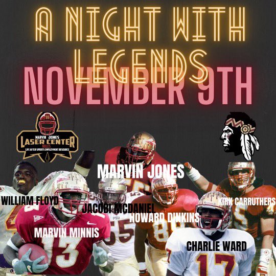 A star-studded event to benefit the Marvin Jones LASER Center. You DONT want to miss this chance to hang out with your heroes. Tickets on sale tonight. Limited availability. #FsuTwitter #FsuFootball #Legends @MarvJonesCfhof @MarvinJonesJets @13d_riera