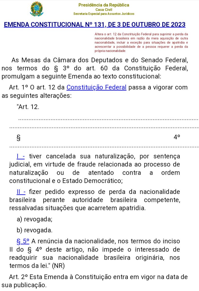 CarlosnoMp's tweet photo. 🎯 Nova emenda à CF

◻️Alterou o art. 12 da CF para suprimir a perda da nacionalidade brasileira em razão da mera aquisição de outra nacionalidade, incluir a exceção para situações de apatridia e acrescentar a possibilidade de a pessoa requerer a perda da própria nacionalidade https://t.co/jGrhZQnBfZ