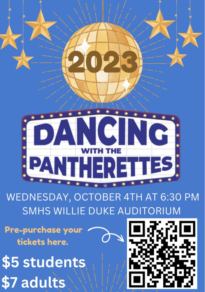 TODAY IS DANCING WITH THE PANTHERETTES! At 6:30, come support your SMHS Pantherettes and Starrs Mill Athletes in a stiff dancing competition! Buy your tickets with the QR code! You do not want to miss this fun night! 🏆🕺💃