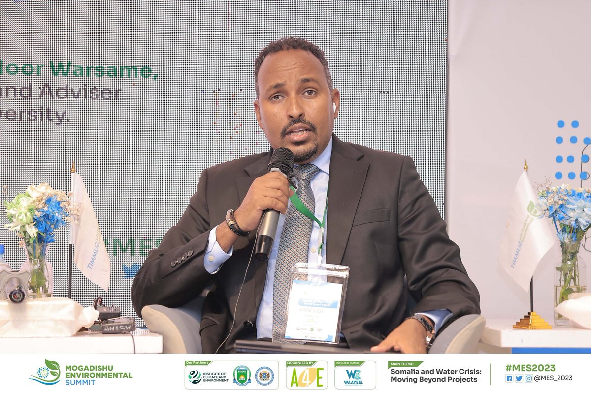 action4environ's tweet photo. Dr. Qasim Mohamed Jimโale, Vice President Research & Development, Jamhuriya University, reflecting panel discussion titled โ Water, Sanitation, & Health: Implementing Solutions for Sustainable Water Management & Improved Public Health in Somalia.
#MES2023
#MovingBeyondProjects https://t.co/xQjCflocoP