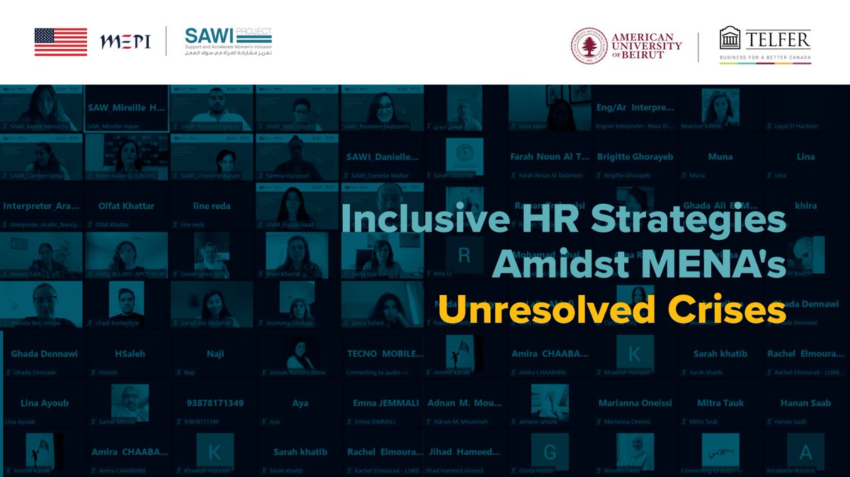 It was an insightful #webinar on 'Inclusive HR strategies amidst MENA’s unresolved #crises' yesterday! We were thrilled to have 100+ participants from #Algeria #Bahrain #Iraq #Jordan #Lebanon #Libya #Morocco and #Tunisia join our SAWI Hiwar 'حوار' session. 📍If you missed the…