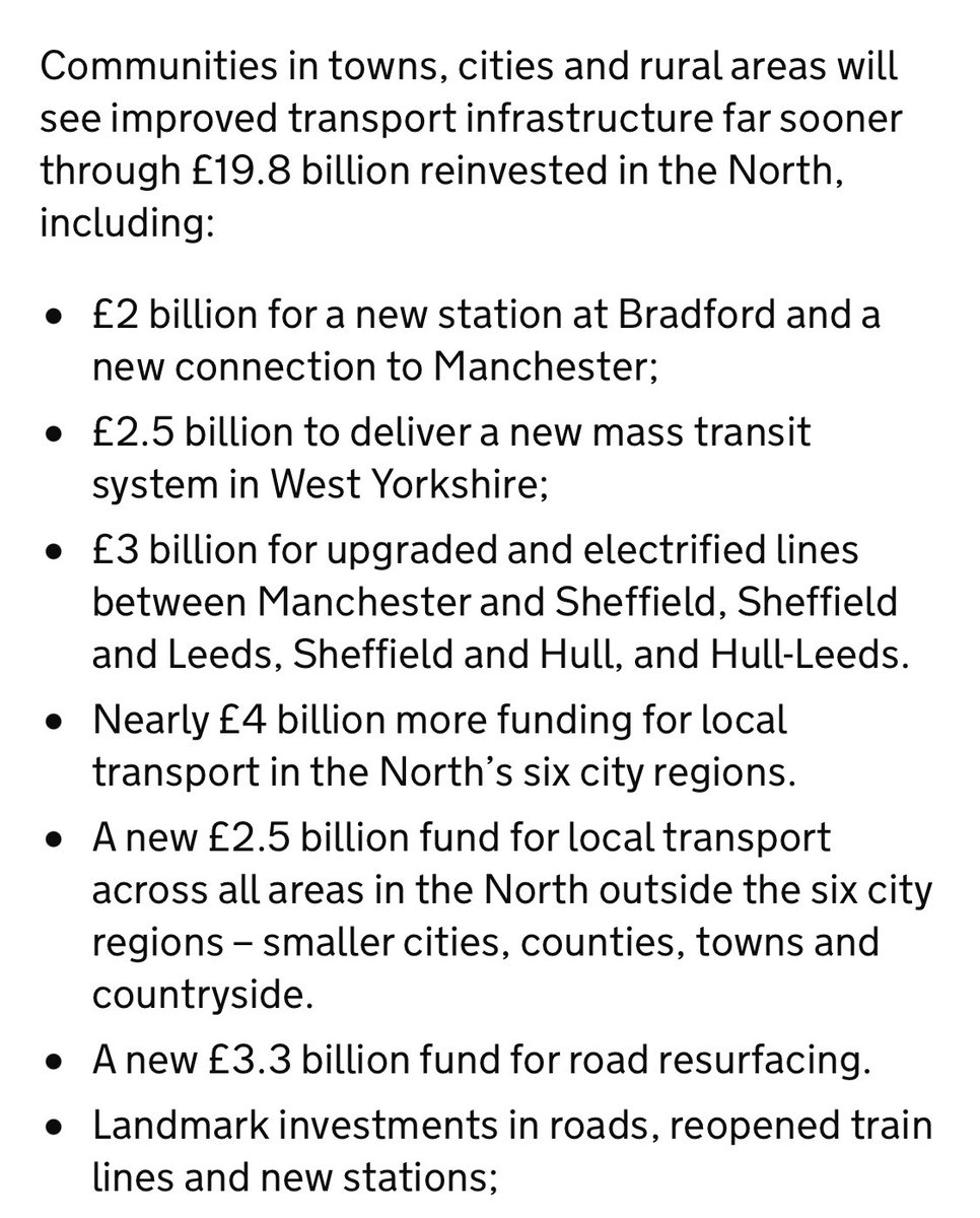 philatrail's tweet photo. Here’s a tiny bit more detail of what the Prime Minister thinks will replace HS2 to Manchester. It’s rather vague on timescales and some of it was already being done. https://t.co/Rhc9kMEFTR