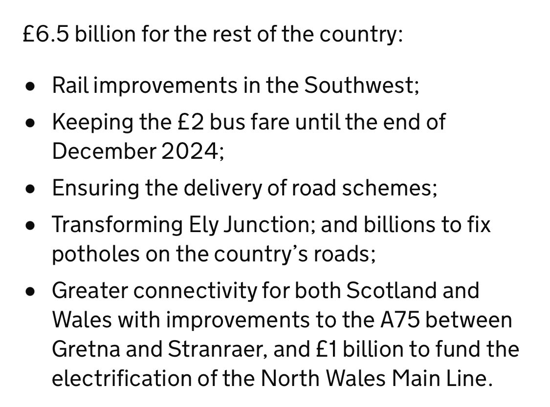 philatrail's tweet photo. Here’s a tiny bit more detail of what the Prime Minister thinks will replace HS2 to Manchester. It’s rather vague on timescales and some of it was already being done. https://t.co/Rhc9kMEFTR