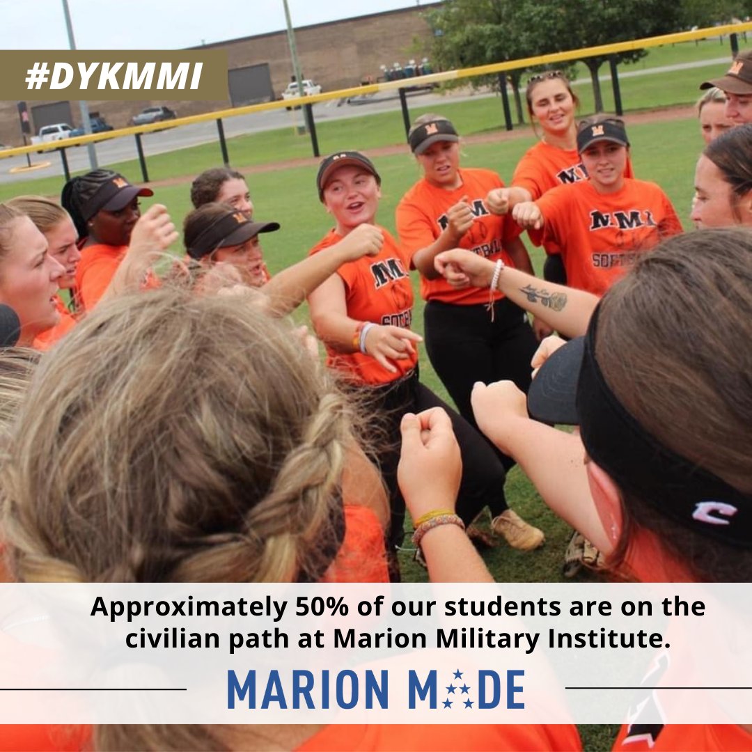 MarionMilitary's tweet photo. #DYK... Approximately 50% of our students are on the civilian path at Marion Military Institute? #MarionMade

Start college as a midyear in January or apply for Fall '24. Learn more today: https://t.co/UaXRz4C9Ua https://t.co/BWlKez7HaJ