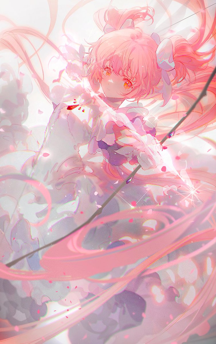 kaname madoka ,ultimate madoka 1girl solo pink hair dress long hair bow (weapon) very long hair  illustration images