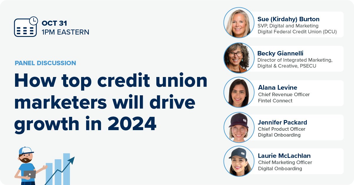 🗓 Join us, <a href="/DCUcreditunion/">DCU</a>, @psecu, and <a href="/FintelConnect/">Fintel Connect</a> on 10/31 when we discuss:

◆ The best and worst marketing tactics to invest in
◆ How to acquire more members cost-efficiently
◆ Why CUs struggle to deepen member relationships

Sign up: digitalonboarding.zoom.us/webinar/regist…