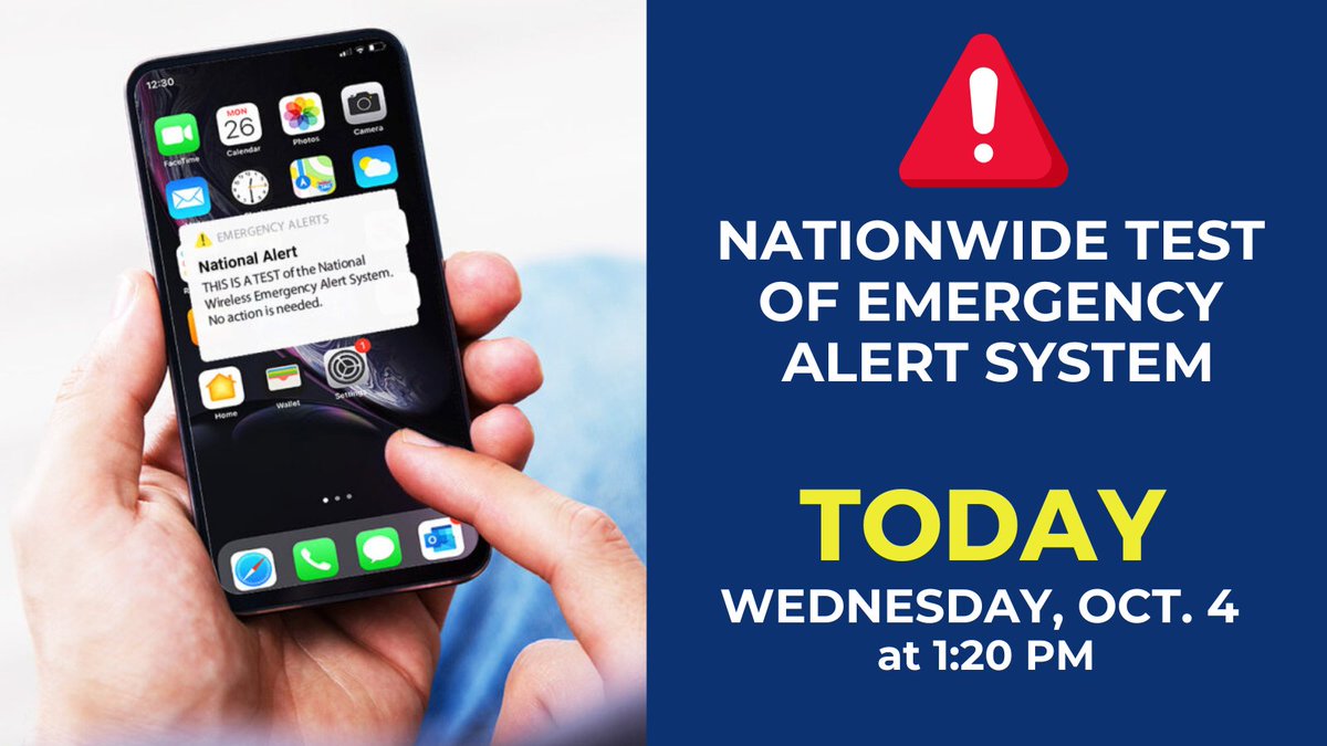 IowaHSEM's tweet image. 🚨 Reminder 🚨

TODAY:  Wed., Oct. 4, 2023, at 1:20 PM 

The 2023 IPAWS National Test will reach millions of mobile phones, radio, and televisions nationwide. 

More information: go.iowa.gov/KxdA