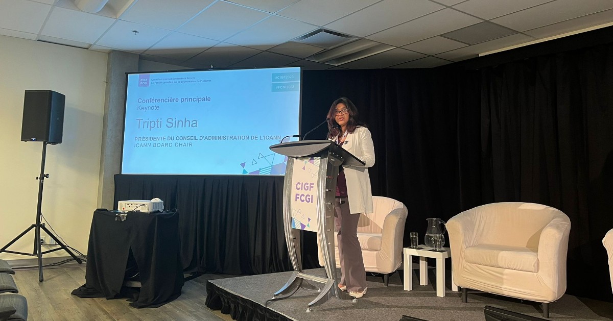 ICANN's tweet photo. "The multistakeholder model has allowed the Internet and the digital economy to flourish while protecting it against unilateral decision-making or control." - #ICANN Board Chair, Tripti Sinha, #CIGF2023 @CanadianIGF https://t.co/vXKweUB0r5