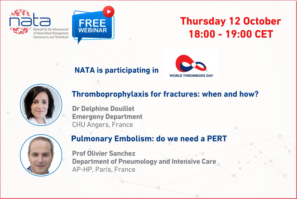 NATA is participating in World Thrombosis Day #WTD2023 💡🩸Webinar - 12 October - 18:00 CET ❓Thromboprophylaxis - when to give it and how to manage it ❓How to diagnose Pulmonary Embolism ❓What is a PERT ✅nataonline.com/monthly-live-w… #thrombosis #DVT @isth @thrombosisday