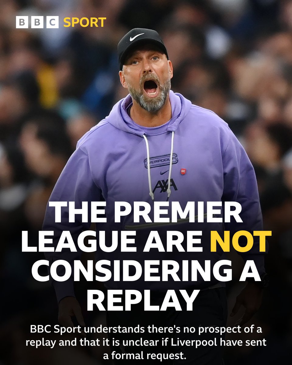 The Premier League are not considering a replay. BBC Sport understands there's no prospect of a replay and that it is unclear if Liverpool have sent a formal request.