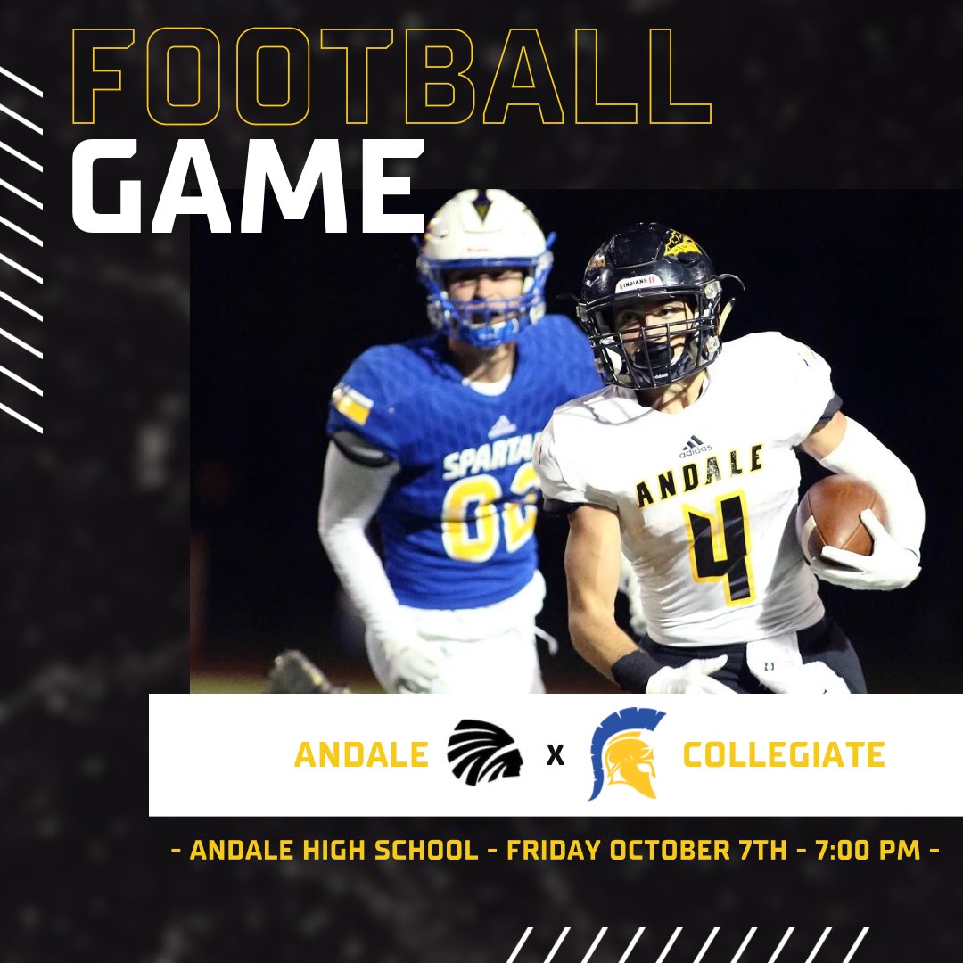 BIG match up this week!

⚠️ Andale Indians take on the Collegiate Spartans ⚠️
⏰ 7:00 PM 
🎟 Adults: $8  | Students: $5
Andale students bring your 🆔 to get in FREE

📻Pregame Show: 6:30 | Tune in to MyCountry 100.5 w/ Bruce Buethe

We’d like to welcome <a href="/overtime/">Overtime</a> to Andale, KS