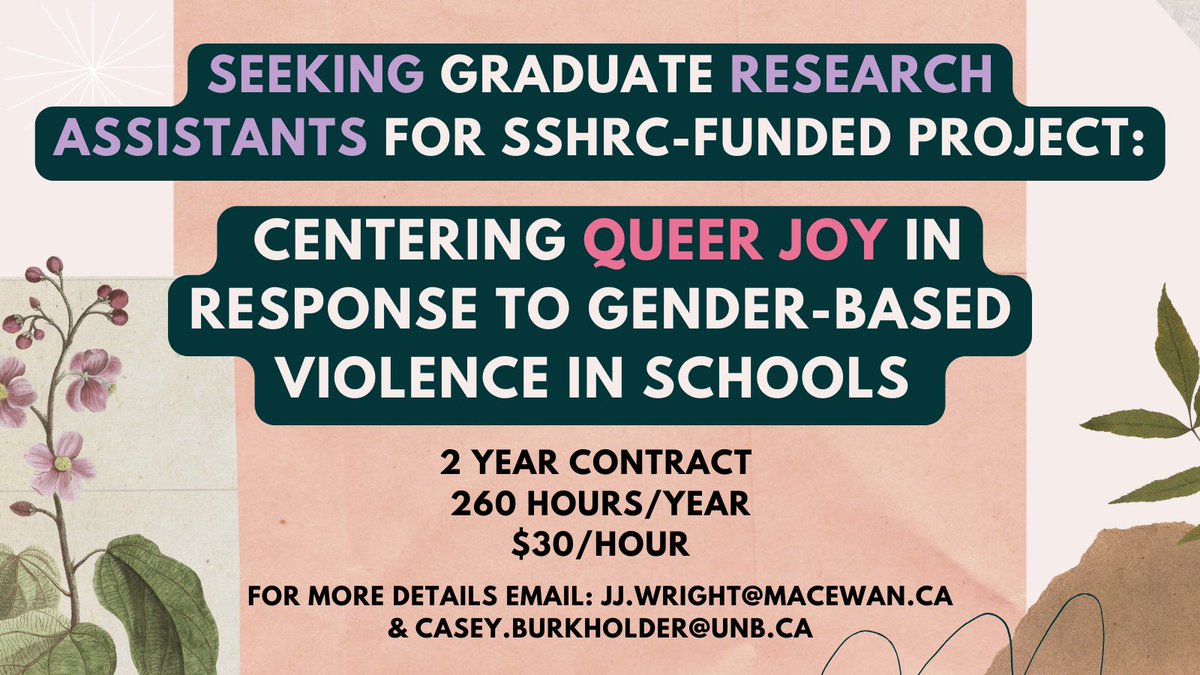 Hiring graduate research assistants for a new project on queer joy with @CM_Burkholder. Please RT! #QueerJoy #TransJoy #LGBTQ+ #AcademicChatter #AcademicTwitter