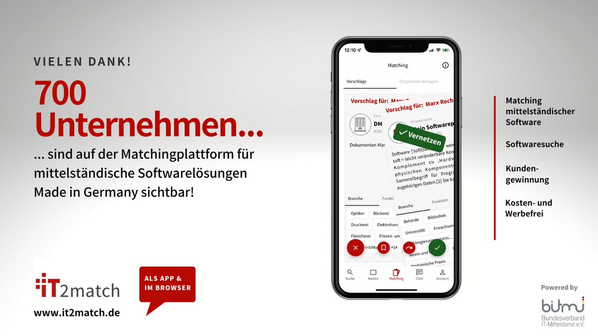 🎇 700 IT-Unternehmen sind auf #IT2match und zeigen mit ihren Lösungen aus dem Mittelstand, dass #Digitalisierung Made in Germany funktioniert. Seien auch Sie dabei und matchen Ihre Software! 
it2match.de
Powered by <a href="/BITMi/">BITMi</a>